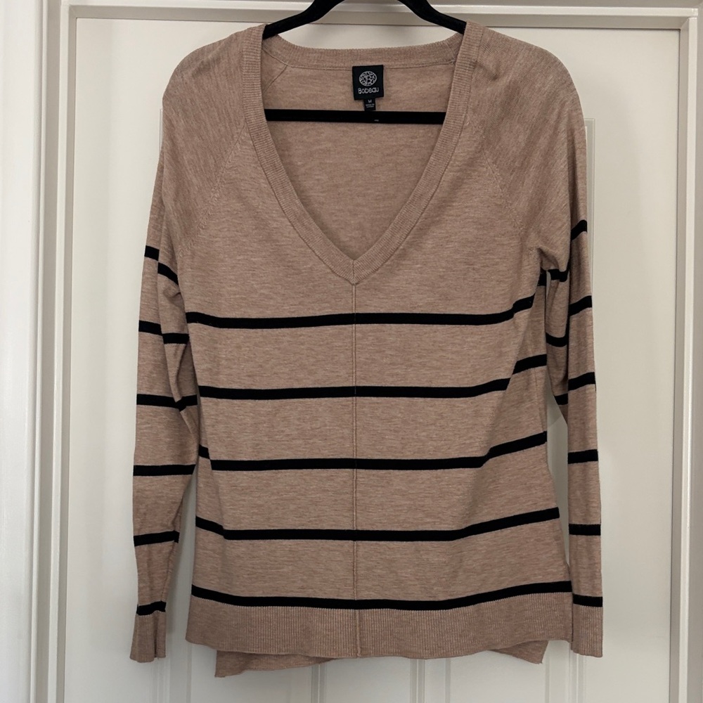 Tan and Black Striped V-Neck Sweater